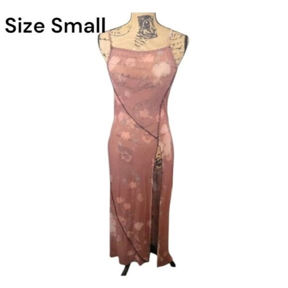 Small Urban Outfitters brown mesh floral maxi slip dress, very high thigh slit - Picture 1 of 5